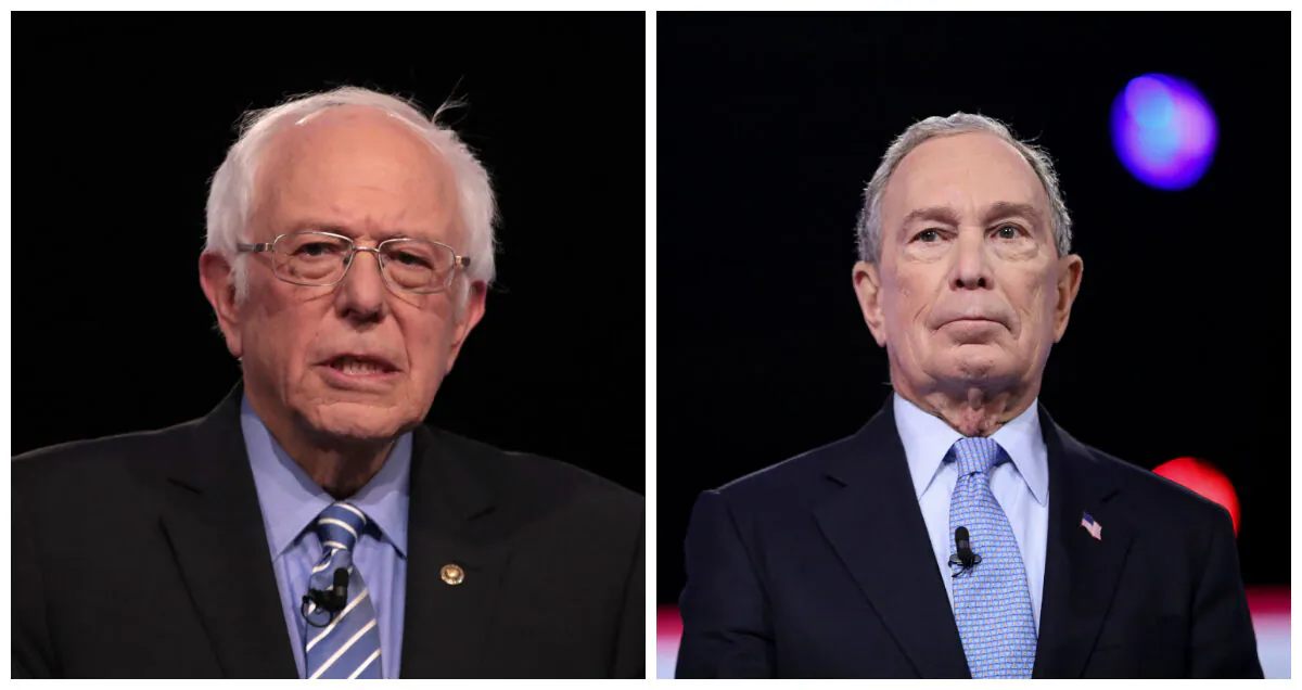 Democratic presidential hopefuls Sen. Bernie Sanders (I-Vt.), left, and former New York Mayor Mike Bloomberg, right, stand before the primary debate on Feb. 25, 2020. (Scott Olson/Getty Images; Logan Cyrus/AFP via Getty Images)