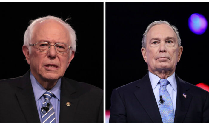 Democratic presidential hopefuls Sen. Bernie Sanders (I-Vt.), left, and former New York Mayor Mike Bloomberg, right, stand before the primary debate on Feb. 25, 2020. (Scott Olson/Getty Images; Logan Cyrus/AFP via Getty Images)