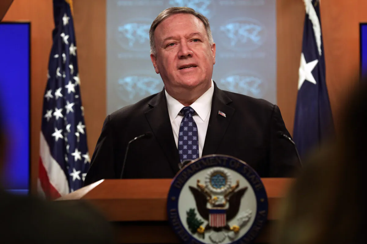 U.S. Secretary of State Mike Pompeo speaks during a news briefing at the State Department in Washington on Feb. 25, 2020. (Alex Wong/Getty Images)