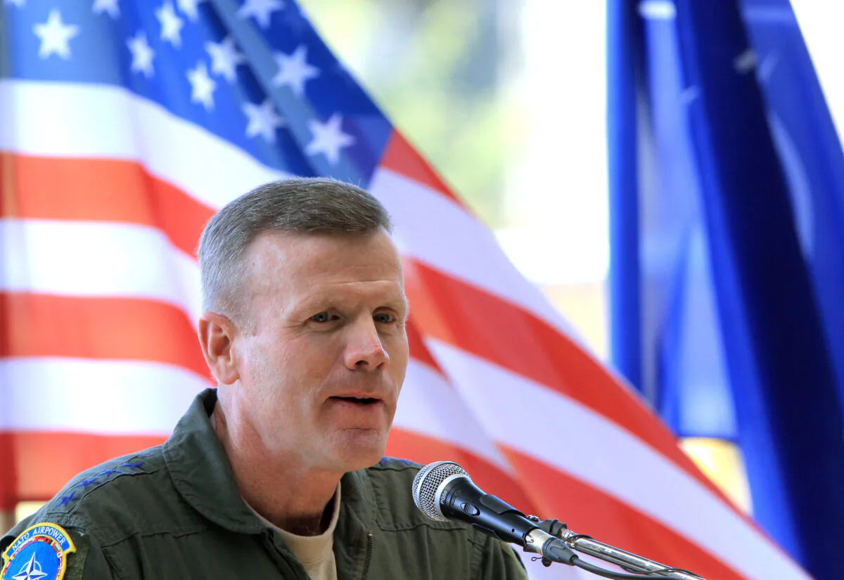 The Commander of the U.S. Air Forces in Europe Tod D. Wolters speaks to journalists at the Siauliai Air Base in Siauliai, Lithuania, on Aug. 30, 2017. (Petras Malukas/AFP via Getty Images)