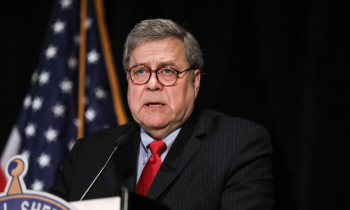 Attorney General William Barr speaks at the National Sheriffs’ Association conference in Washington on Feb. 10, 2020. (Charlotte Cuthbertson/The Epoch Times)