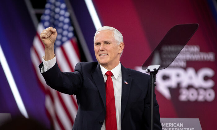 Vice President Mike Pence speaks at the CPAC convention in National Harbor, Md., on Feb. 27, 2020. (Samira Bouaou/The Epoch Times)