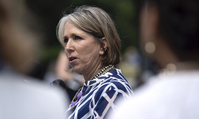 New Mexico Gov. Michelle Lujan Grisham speaks during a news conference outside the U.S. Capitol in Washington on June 13, 2018. (Toya Sarno Jordan/Getty Images)