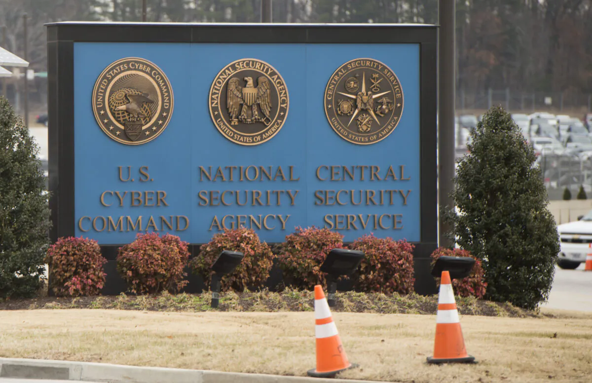 A sign for the National Security Agency (NSA), US Cyber Command and Central Security Service, near the visitor's entrance to the headquarters of the National Security Agency (NSA) in Fort Meade, Md., on Feb. 14, 2018. (Saul Loeb/AFP via Getty Images)