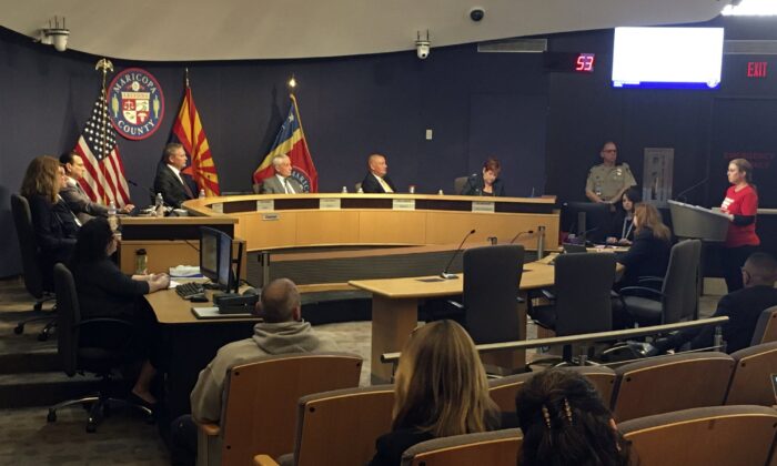 The Maricopa County Board of Supervisors listens to comments from Marie Thearle, right, a gun control supporter, during a meeting in Phoenix on Feb. 26, 2020. (Terry Tang/AP Photo)