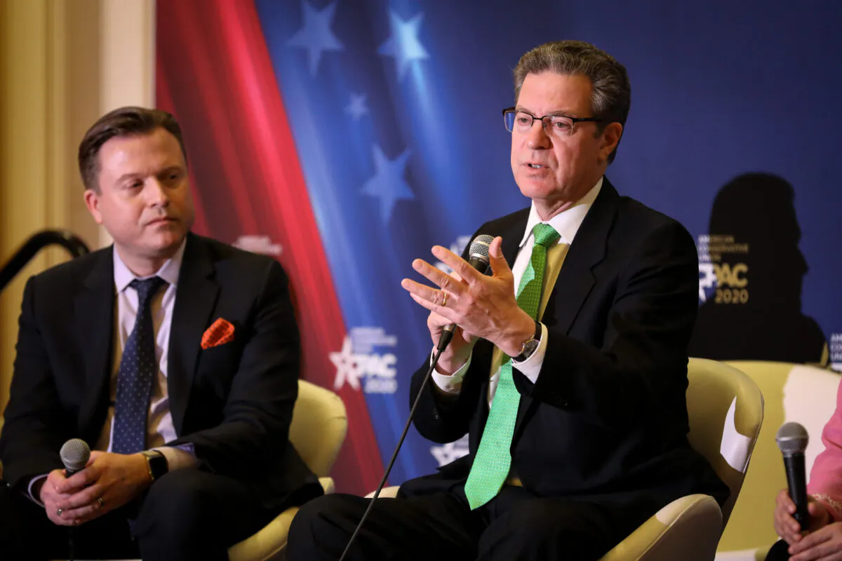 Sam Brownback (R), the U.S. Ambassador-at-Large for International Religious Freedom speaks at a CPAC panel in National Harbor, Md., on Feb. 27, 2020. (Samira Bouaou/The Epoch Times)