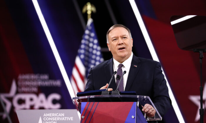 Secretary of State Mike Pompeo speaks at the CPAC convention in National Harbor, Md., on Feb. 28, 2020. (Samira Bouaou/The Epoch Times)