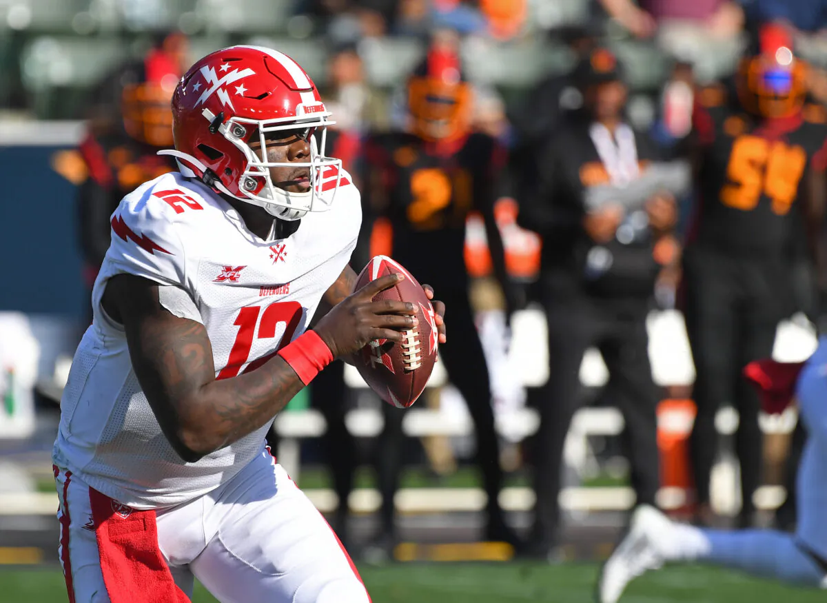 Quarterback Cardale Jones #12 of the DC Defenders sets to pass in the XFL game against the LA Wildcats at Dignity Health Sports Park in Carson, Calif., on Feb. 23, 2020. (Jayne Kamin-Oncea/Getty Images)