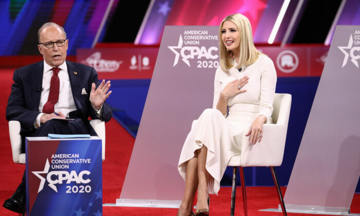 Director of the National Economic Council Larry Kudlow and Advisor to the President Ivanka Trump speak at the CPAC convention in National Harbor, Md., on Feb. 28, 2020. (Samira Bouaou/The Epoch Times)