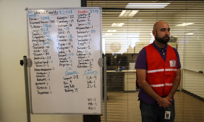 Narimon Mirza stands next to a whiteboard showing the number of coronavirus COVID-19 cases around the world at the Medical Health and Coordination Center at the California Department of Public Health in Sacramento on Feb. 27, 2020. (Justin Sullivan/Getty Images)
