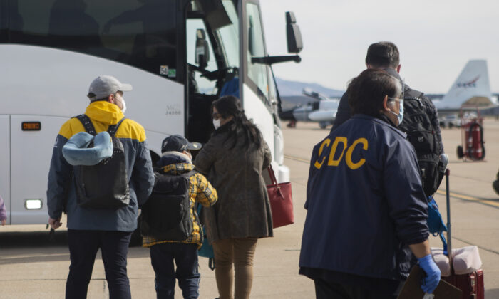 Evacuees from China arriving at Marine Corps Air Station in Miramar, Calif., on Feb. 5, 2020. (Krysten I. Houk/U.S. Department of Health and Human Services via AP, File)