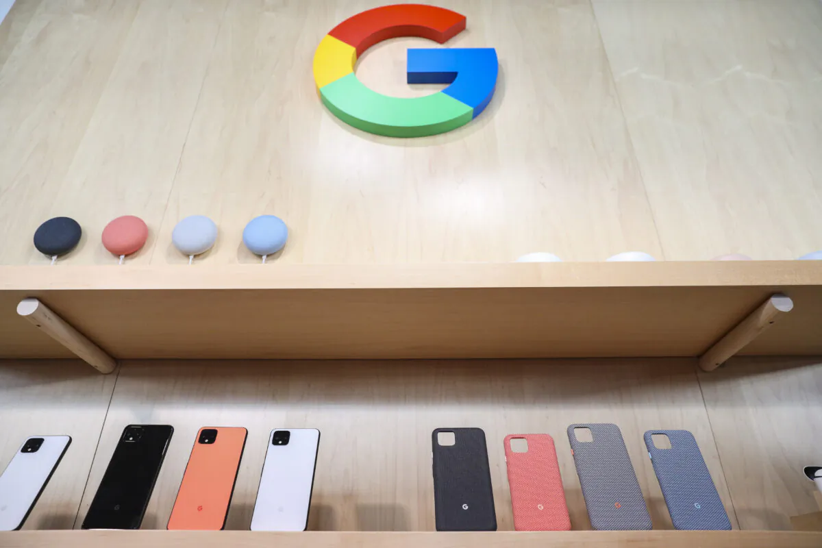 The new Google Pixel 4 smartphone and cases are displayed during a Google launch event in New York City, U.S., on Oct. 15, 2019. (Drew Angerer/Getty Images)