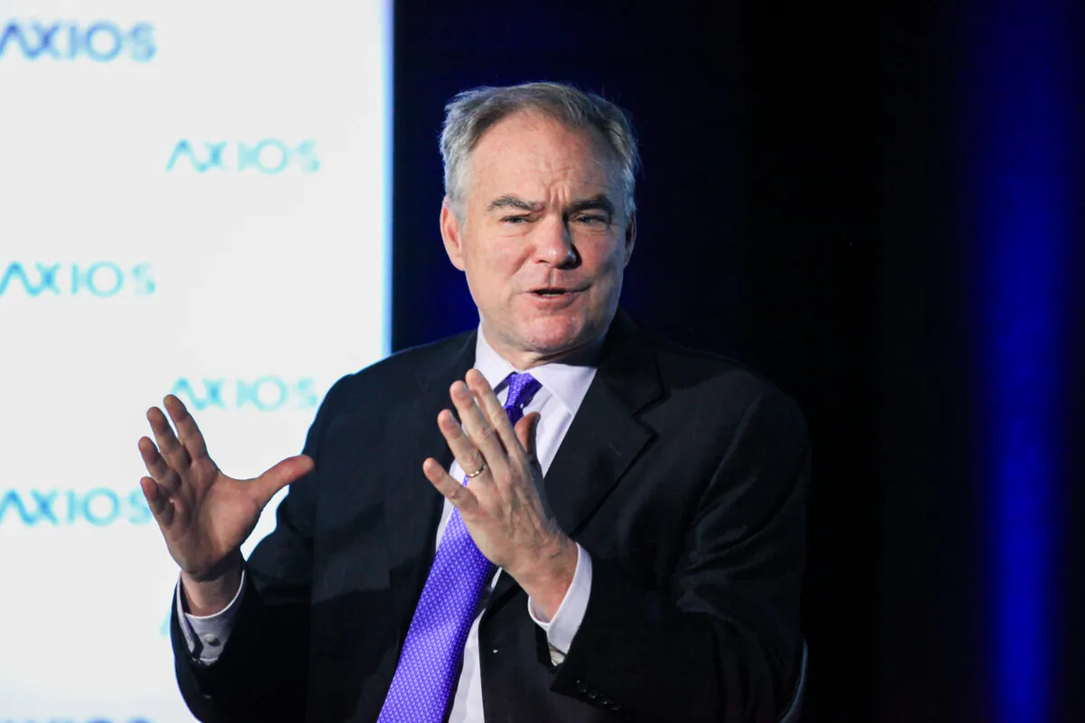 Sen. Tim Kaine (D-Va.) speaks at an event in Washington in a 2018 file photograph. (Holly Kellum/NTD)