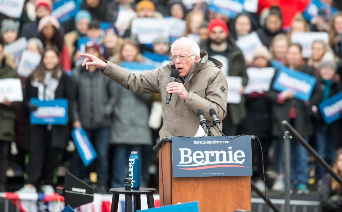 Democratic presidential candidate Sen. Bernie Sanders (I-Vt.) during a campaign rally on the Boston Common in Boston, Mass., on Feb. 29, 2020. (Scott Eisen/Getty Images)