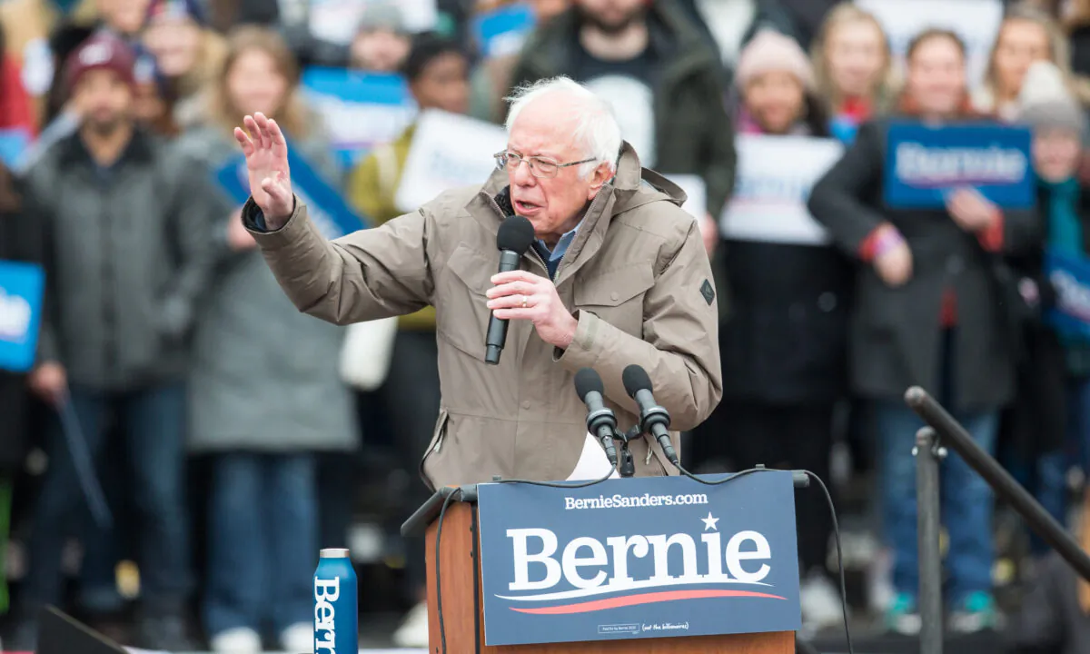 Democratic presidential candidate Sen. Bernie Sanders (I-Vt.) speaks during a campaign rally on the Boston Common in Boston, Mass., on Feb. 29, 2020. (Scott Eisen/Getty Images)