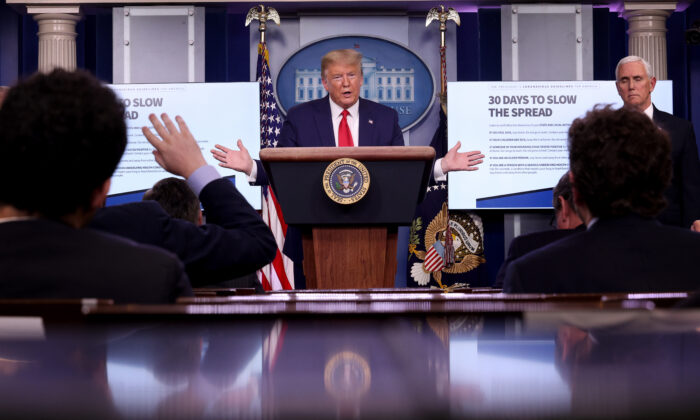President Donald Trump participates in the daily coronavirus task force briefing in the Brady Briefing room at the White House in Washington on March 31, 2020. (Win McNamee/Getty Images)