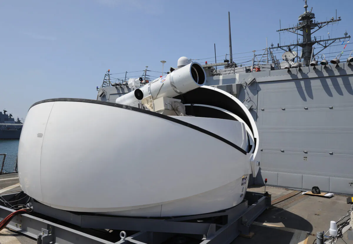 The Laser Weapon System temporarily installed aboard the destroyer USS Dewey in San Diego, Calif., on July 30, 2012. (U.S. Navy/John F. Williams)