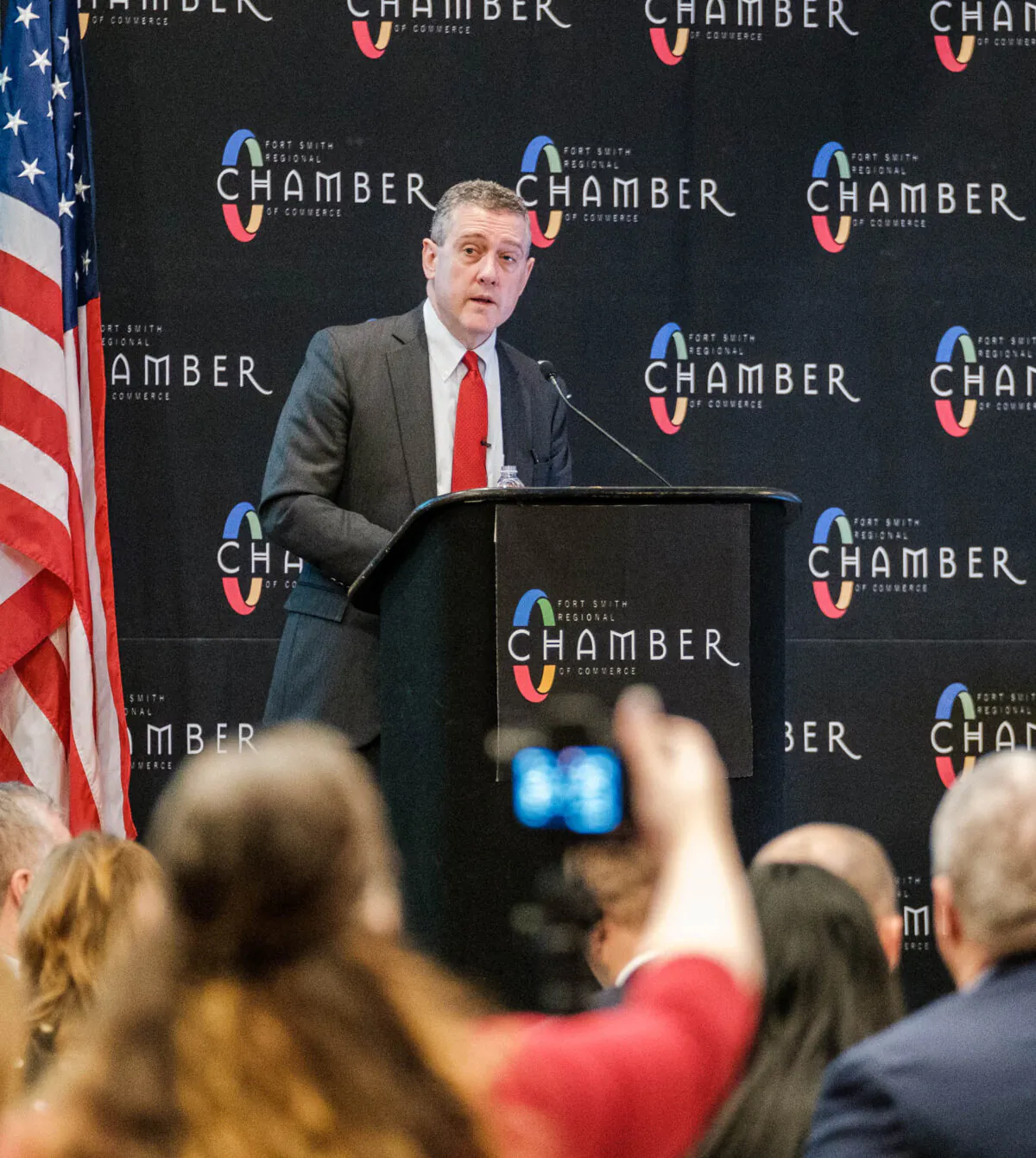 St. Louis Fed President James Bullard discussing the effect of the new coronavirus on the global and U.S. economies during a presentation in Fort Smith, Ark., on Feb. 28, 2020. (Federal Reserve Bank of St. Louis)