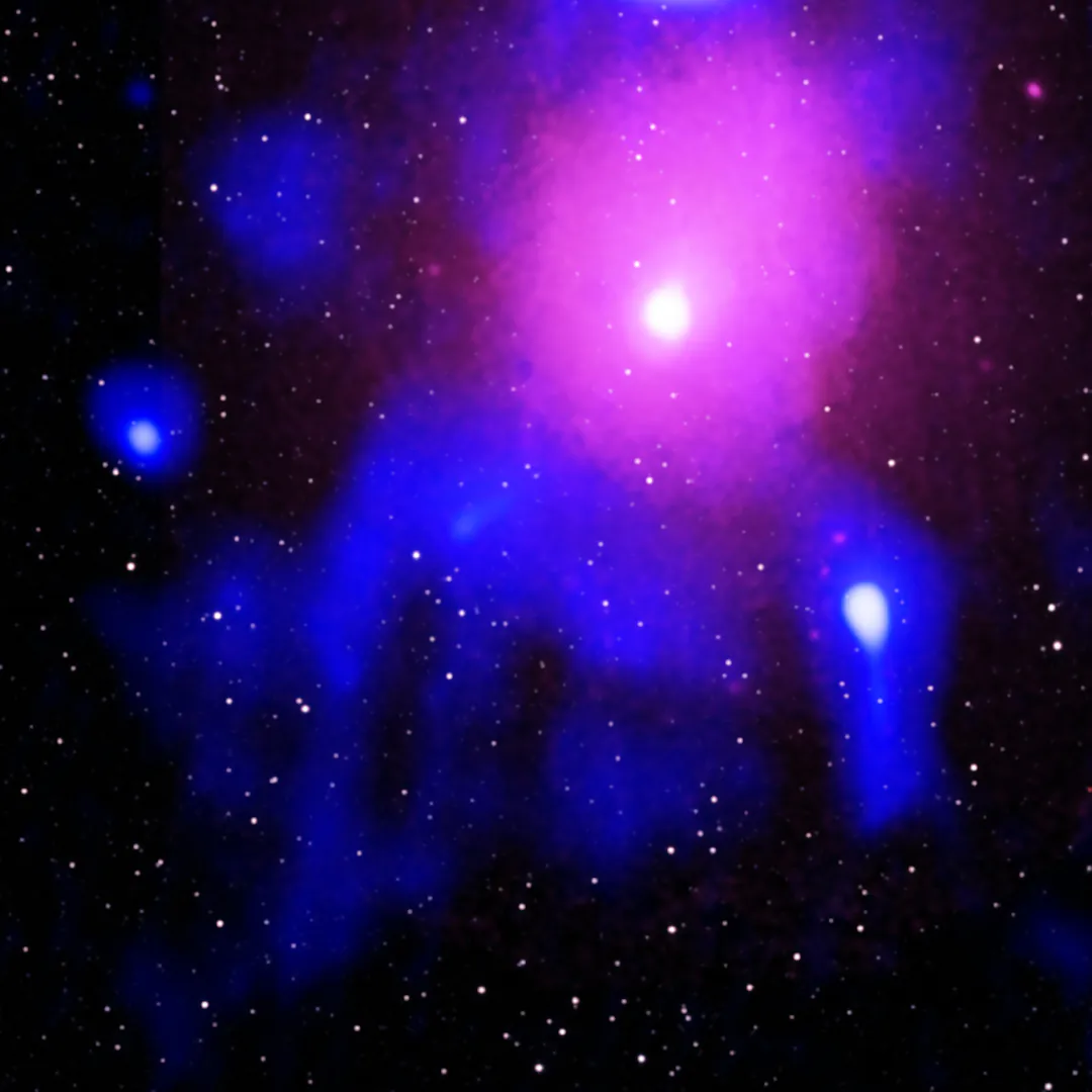 A record-breaking explosion created by a black hole 390 million light-years away has been discovered by astronomers. (S. Giacintucci, et al./NRL/CXC/NASA)