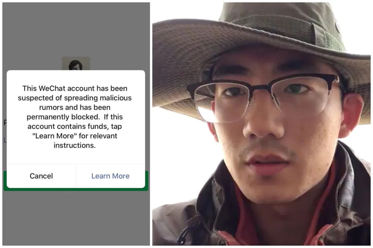 L: Zhang Wenbin's blocked WeChat account. R: Zhang speaks in a video on social media on March 30, 2020, calling on the ruling Chinese Communist Party to step down. (Screenshots via Twitter)
