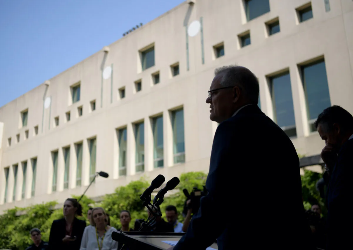 Prime Minister Scott Morrison makes an announcement in the grounds of Parliament House on Feb. 05, 2020 in Canberra, Australia. (Tracey Nearmy/Getty Images)