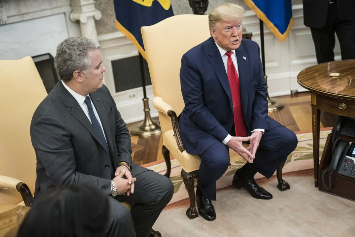 President Donald Trump and President of the Republic of Colombia Ivan Duque Marquez address the press in the Oval Office of the White House in Washington on March 2, 2020. (Sarah Silbiger/Getty Images)