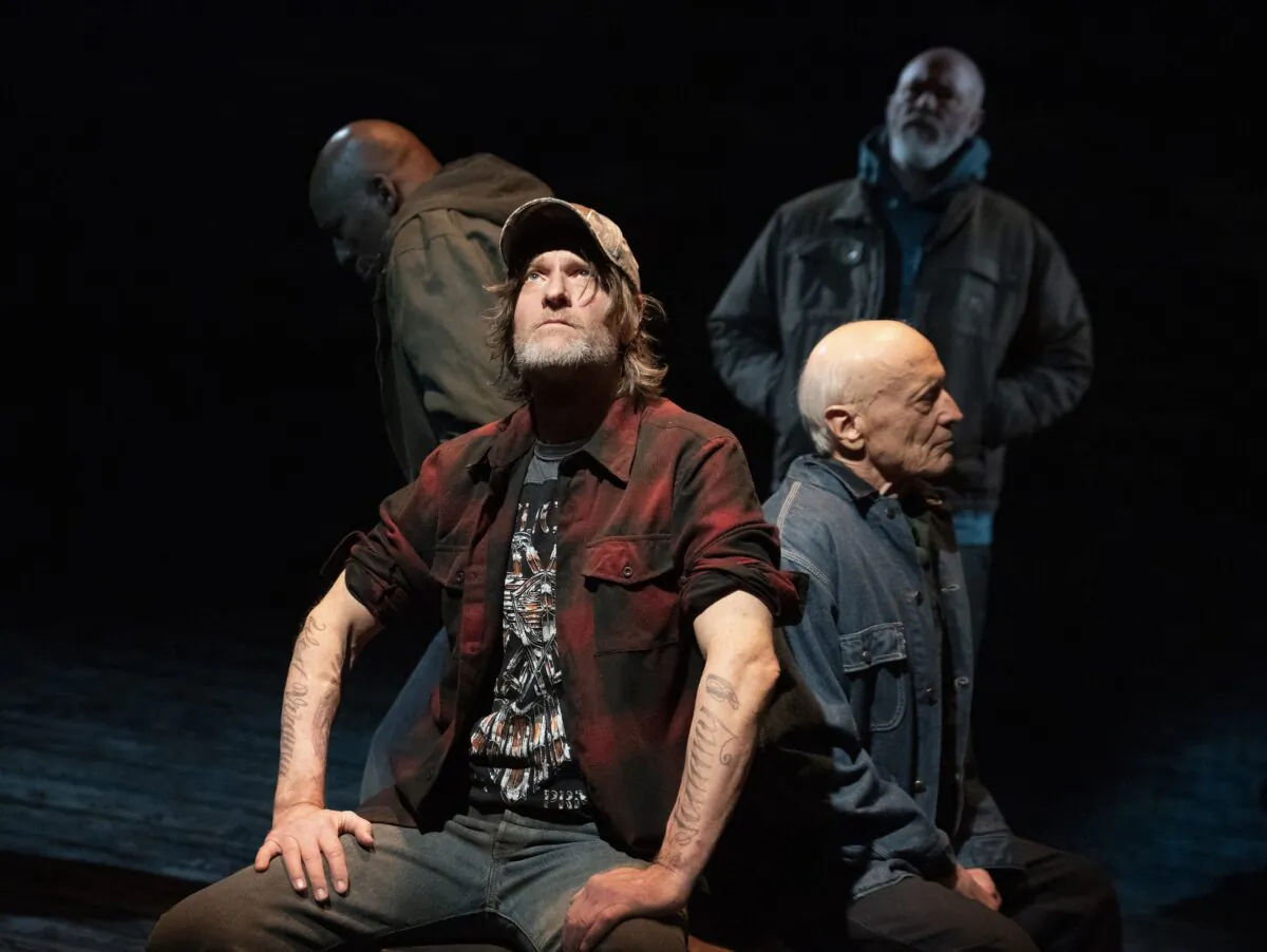 (L–R) Ezra Knight, Michael Laurence (seated), Thomas Kopache, and Michael Gaston in “Coal Country.” (Joan Marcus)