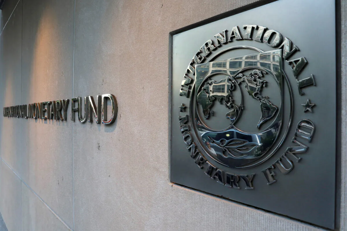 The International Monetary Fund (IMF) logo is seen outside the headquarters building in Washington on Sept. 4, 2018. (Yuri Gripas/Reuters)