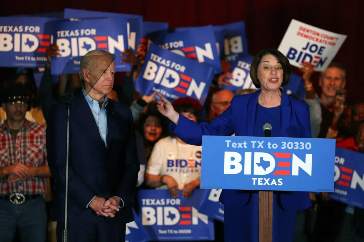 Sen. Amy Klobuchar (D-Minn.) endorses Democratic presidential candidate former Vice President Joe Biden at a campaign rally in Dallas, Texas, on March 2, 2020. (Richard W. Rodriguez/AP Photo)