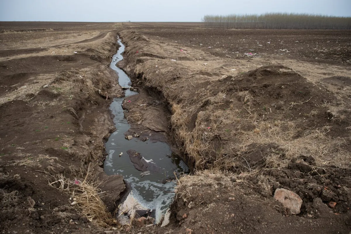A pipe releases waste water into fields surrounding a dairy farm (not pictured) in Gannan County, Heilongjiang Province, China, on May 3, 2016. (Nicolas Asfouri/AFP via Getty Images)