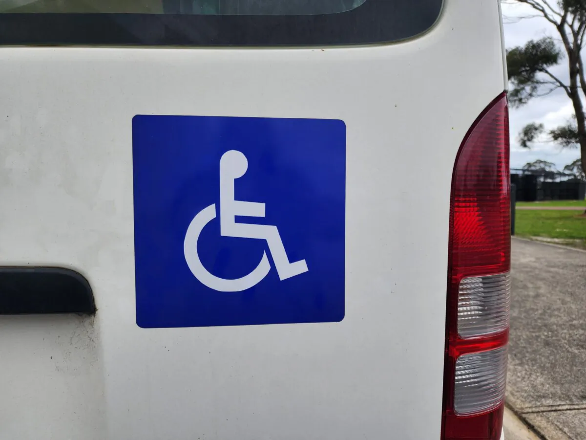 A wheelchair symbol on the back of a van in Albany, Western Australia, on Sept. 3, 2024. (Susan Mortimer/The Epoch Times)