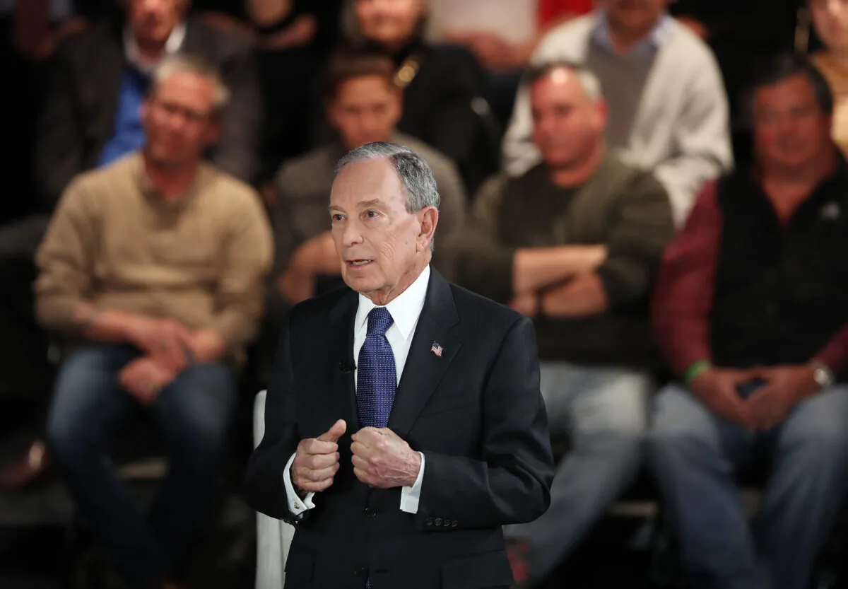 Democratic presidential candidate former New York City Mayor Mike Bloomberg speaks during a Fox News town hall in Manassas, Va., on March 2, 2020. (Joe Raedle/Getty Images)