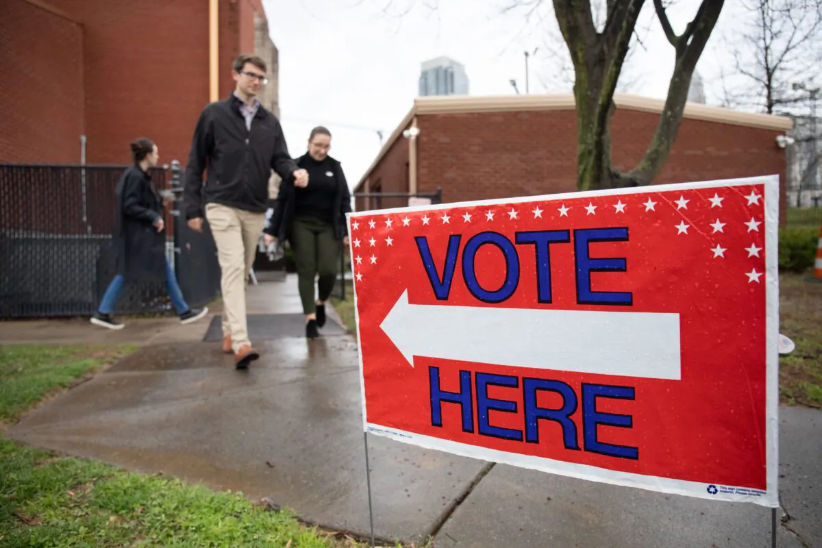 Voters leave after casting their ballots at the Mt. Moriah Primitive Baptist Church polling station during the North Carolina primary on Super Tuesday in Charlotte, N.C. on Mar. 3, 2020. (Logan Cyrus/AFP via Getty Images)