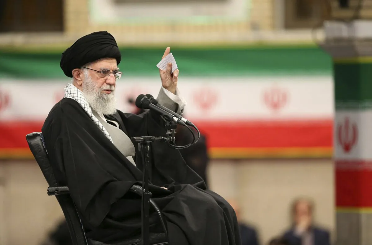 In this photo released by the official website of the office of the Iranian supreme leader, Supreme Leader Ayatollah Ali Khamenei speaks in a meeting in Tehran, Iran, on Feb. 5, 2020. (Office of the Iranian Supreme Leader via AP)