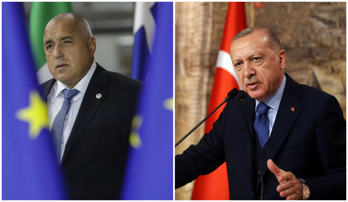 (L) Bulgarian Prime Minister Boyko Borissov arrives during the second day of the EU summit meeting at the European Union headquarters in Brussels on Oct. 18, 2019. (Thierry Roge/BELGA/AFP via Getty Images), (R) Turkish President Tayyip Erdogan speaks during a meeting in Istanbul, Turkey on Feb. 29, 2020. (Turkish Presidential Press Office/Handout via Reuters)