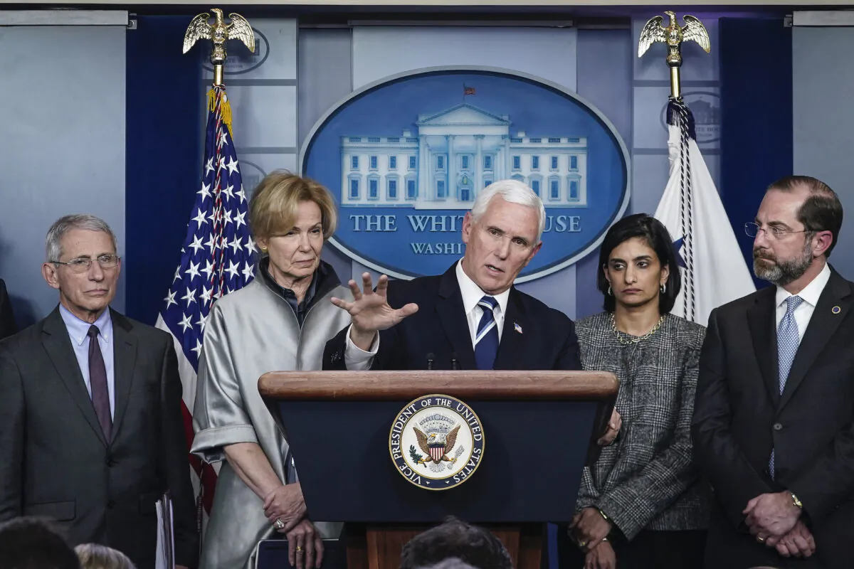U.S. Vice President Mike Pence speaks during a briefing on the administration's coronavirus response in the press briefing room of the White House in Washington, on March 3, 2020. Standing with Pence, from L to R, Dr. Anthony Fauci, director of the National Institute of Allergy and Infectious Diseases, Debbie Birx, White House Corona Virus Response Coordinator, Seema Verma, administrator of the Centers for Medicare and Medicaid Services, and Alex Azar, Secretary of Health and Human Services. (Drew Angerer/Getty Images)