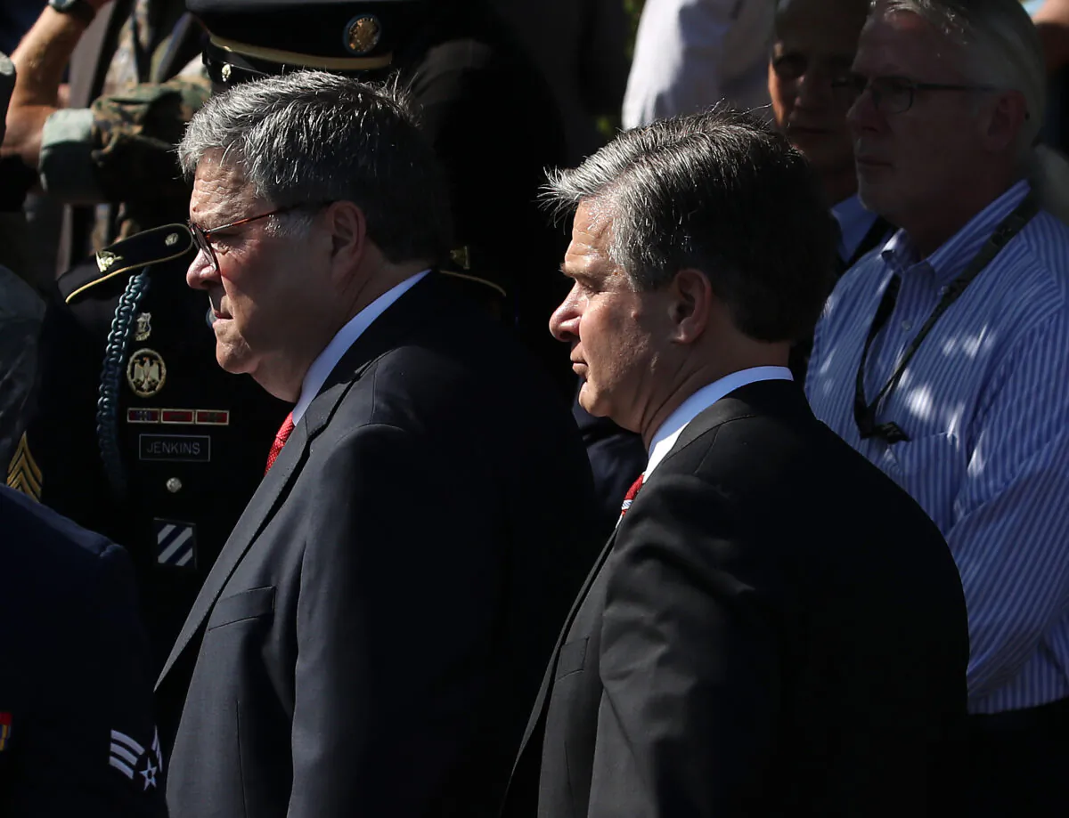 Attorney General William Barr (L) and FBI director Christopher Wray at the Pentagon in Arlington, Va., on Sept. 11, 2019. (Mark Wilson/Getty Images)