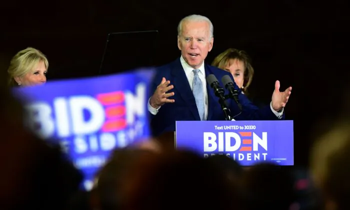 Democratic presidential hopeful former Vice President Joe Biden flanked by his wife Jill (L) and sister Valerie Biden Owens (R) speak during a Super Tuesday event in Los Angeles, California, on March 3, 2020. (Frederic J. Brown/AFP via Getty Images)