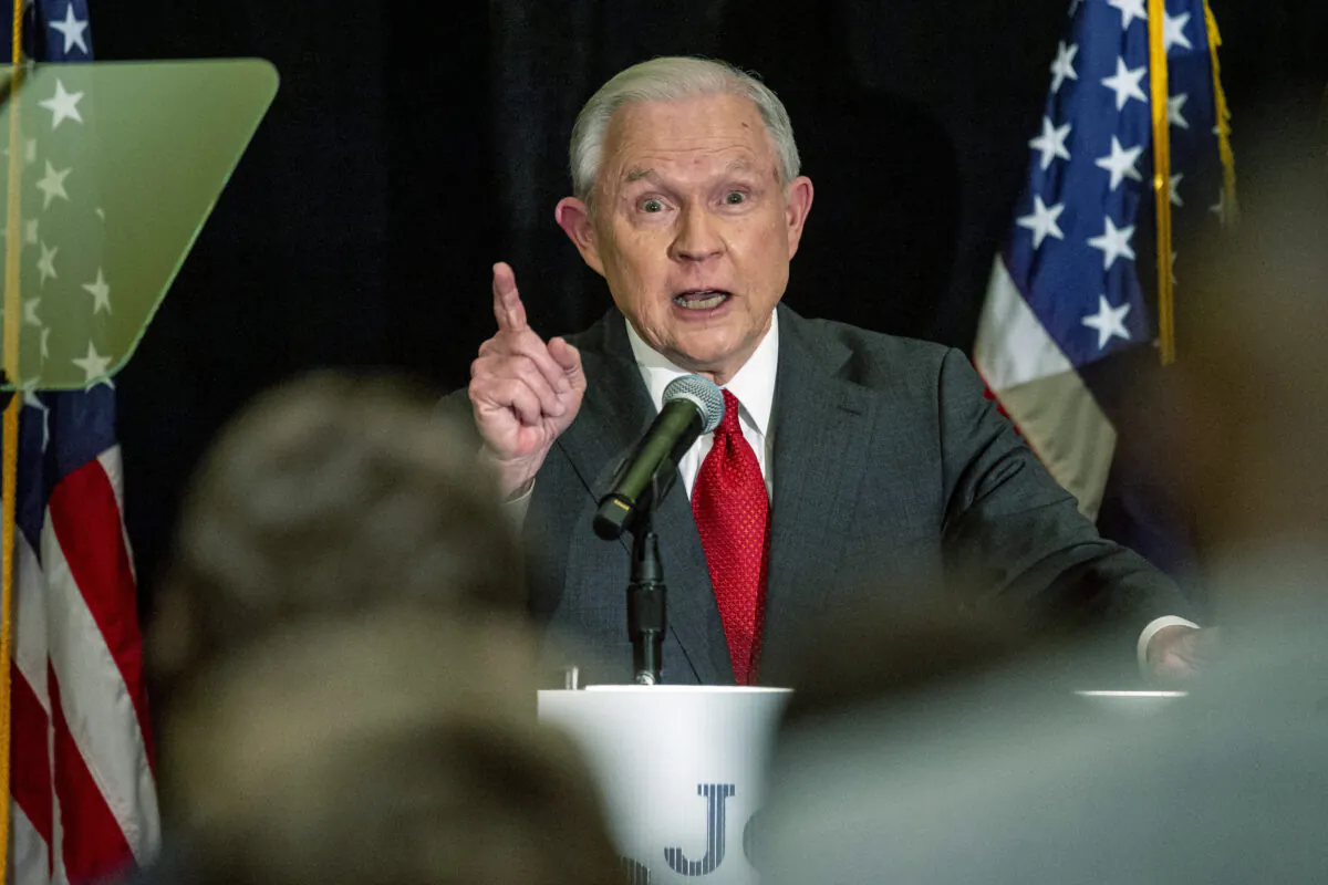 Jeff Sessions addresses the crowd at his watch party following Alabama's state primary in Mobile, Ala., on March 3, 2020. (Vasha Hunt/AP Photo)