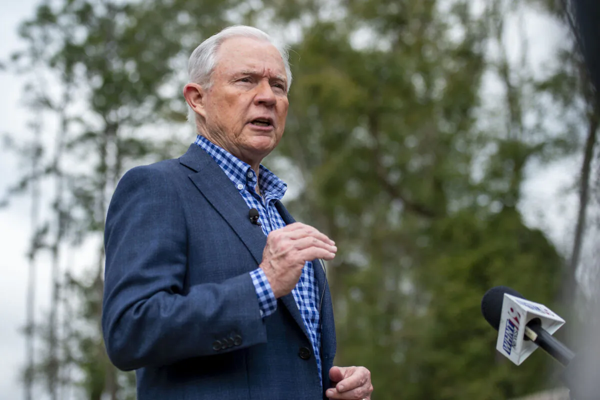 Jeff Sessions talks with the media after voting in Alabama’s state primary in Mobile, Ala., on March 3, 2020. (Vasha Hunt/AP Photo)