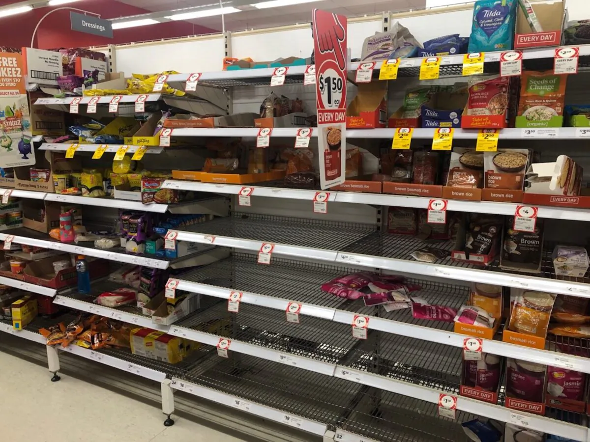 A half-empty section of rice at a Coles supermarket in Sydney, Australia, on March 3, 2020. (Mimi Nguyen Ly/The Epoch Times)