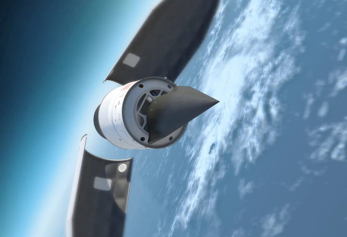 The U.S. Defence Advanced Research Projects Agency’s Falcon Hypersonic Test Vehicle emerges from its rocket nose cone and prepares to re-enter the Earth’s atmosphere, in this illustration. (Courtesy of DARPA)