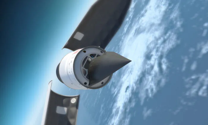 The U.S. Defence Advanced Research Projects Agency’s Falcon Hypersonic Test Vehicle emerges from its rocket nose cone and prepares to re-enter the Earth’s atmosphere, in this illustration. (Courtesy of DARPA)
