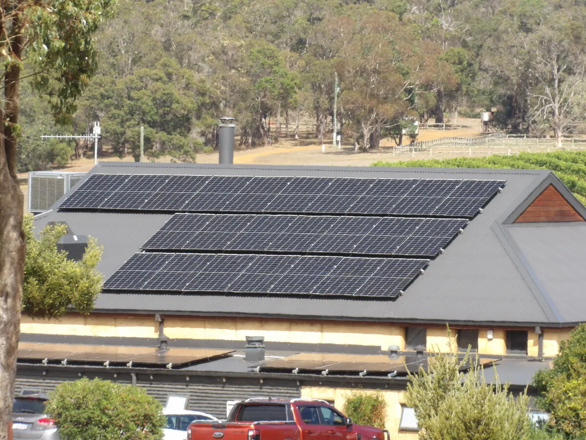 Solar panels are seen on the roof of a winery in Western Australia on March 30, 2024. (Susan Mortimer/The Epoch Times)