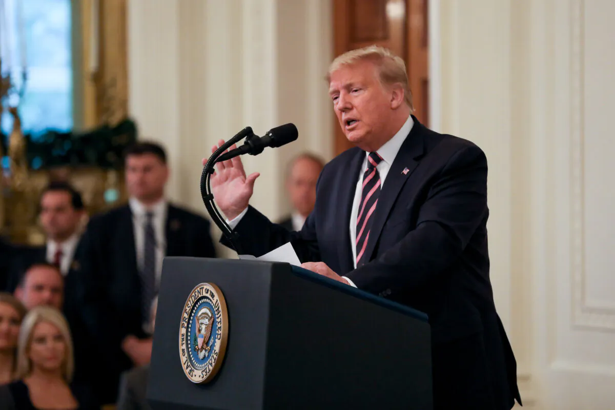 President Donald Trump delivers a speech the day after being acquitted on two articles of impeachment, in the East Room of the White House on Feb. 6, 2020. (Charlotte Cuthbertson/The Epoch Times)