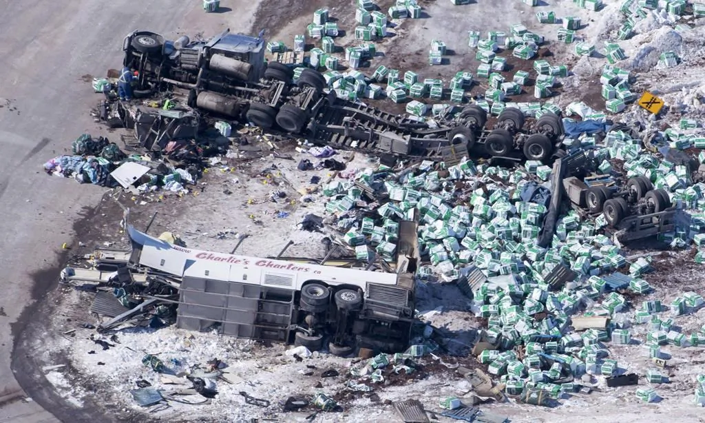 The wreckage of a fatal crash outside of Tisdale, Sask., is seen on April, 7, 2018. (Jonathan Hayward/Canadian Press)