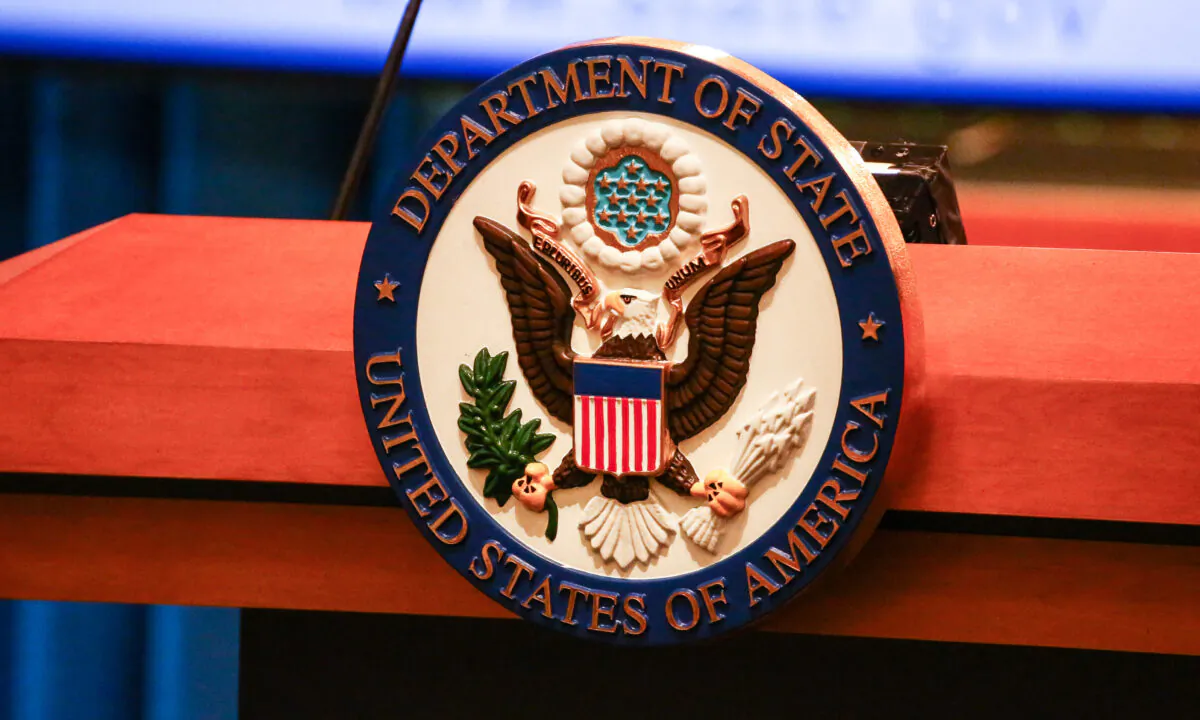 The podium at the State Department in Washington on Aug. 16, 2018. (Charlotte Cuthbertson/The Epoch Times)