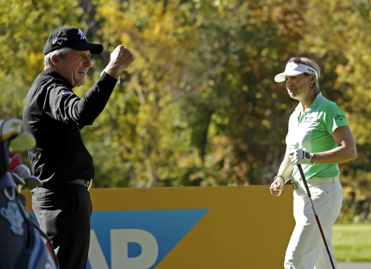 Gary Player reacts after hitting a longer tee shot then Annika Sorenstam on the 15th hole during the Berenberg Gary Player Invitational Pro-Am in Bedford Hills, New York, on Oct. 12, 2015. (Adam Hunger/Getty Images)
