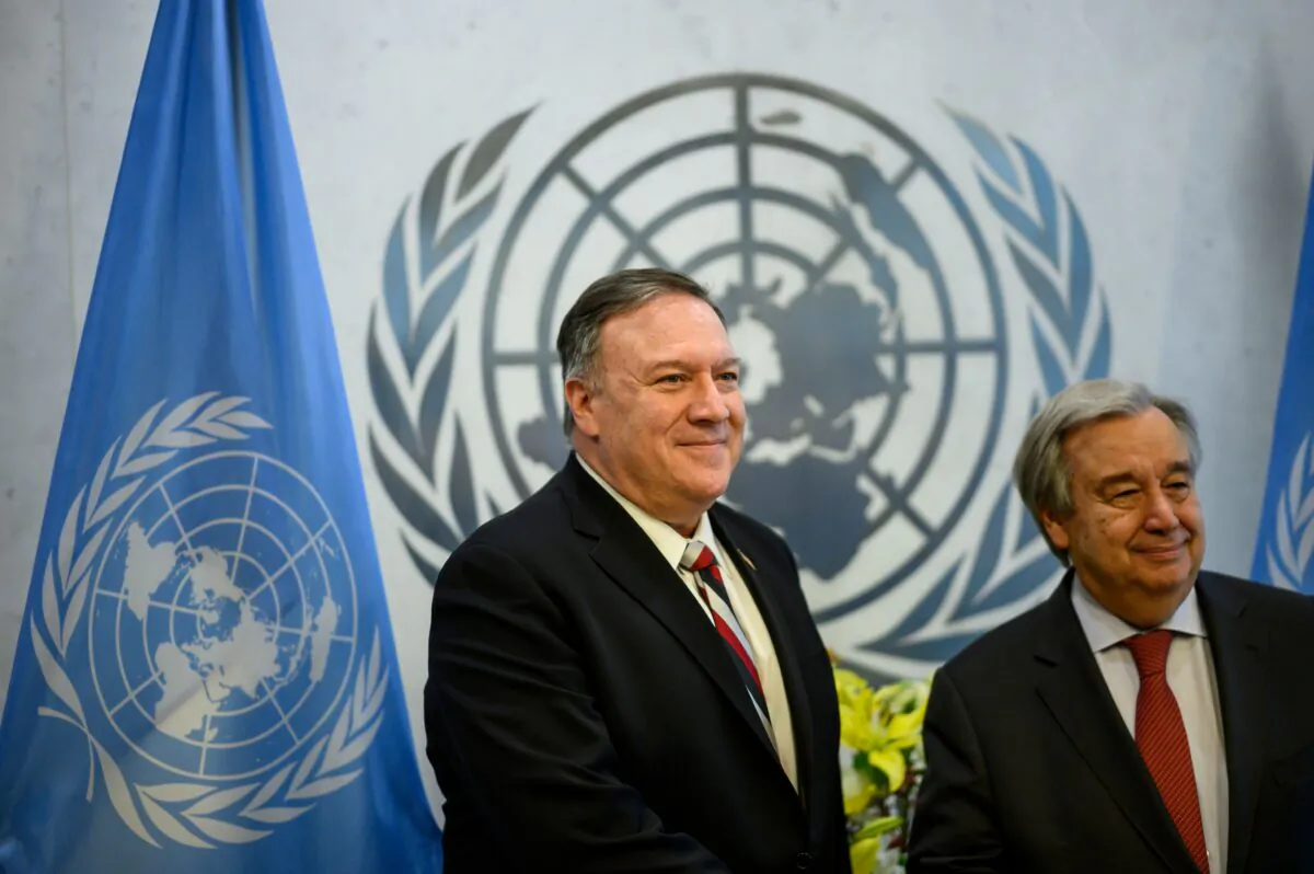 Secretary of State Mike Pompeo (L) and United Nations Secretary-General Antonio Guterres pose for a picture ahead of a meeting at the New York UN Headquarters in New York City, N.Y., on March 6, 2020. (Johannes Eisele/AFP/Getty Images)