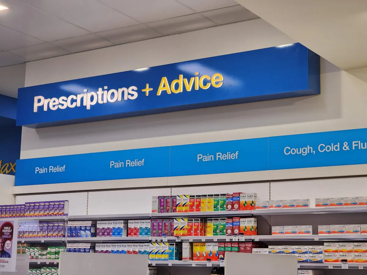 A sign in a pharmacy in Albany, Western Australia, on June 8, 2024. (Susan Mortimer/The Epoch Times)